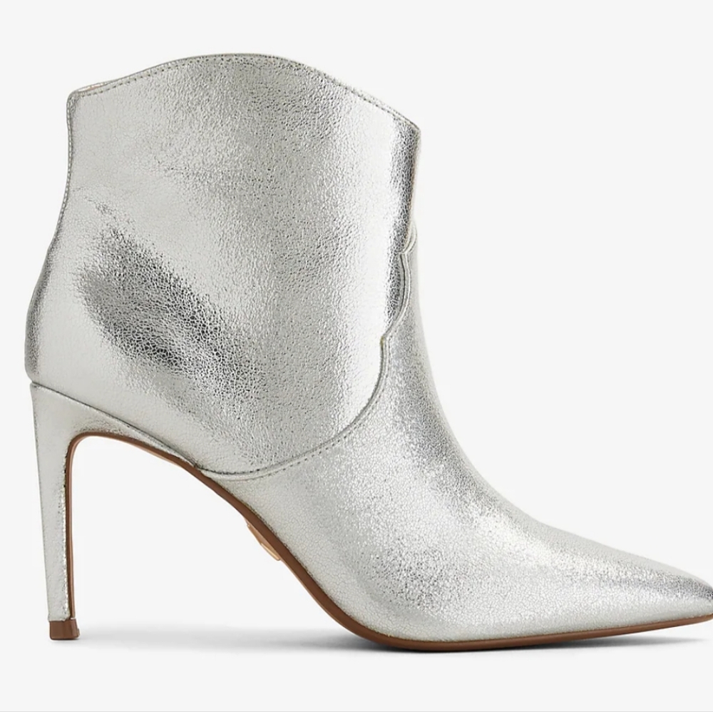 Express Pointed Toe Thin Heeled Booties. Metallic Silver. Size 7